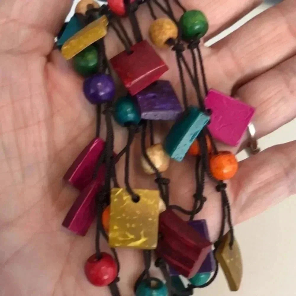 Gorgeous Handmade Multicolor Square & Ball Wooden Beaded Statement Necklace NWT - Picture 4 of 4